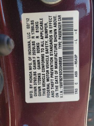 Photo 10 from auction – 2012 HONDA CIVIC EXL with VIN 19XFB2F92CE048858