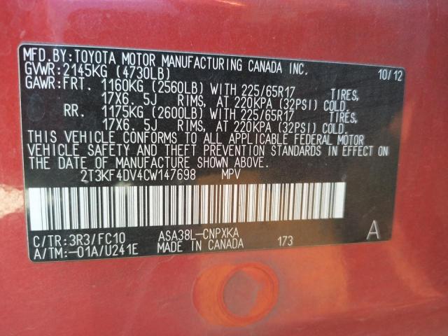 Photo 10 from auction – 2012 TOYOTA RAV4 with VIN 2T3KF4DV4CW147698