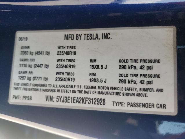 Photo 10 from auction – 2019 TESLA MODEL 3 with VIN 5YJ3E1EA2KF312928