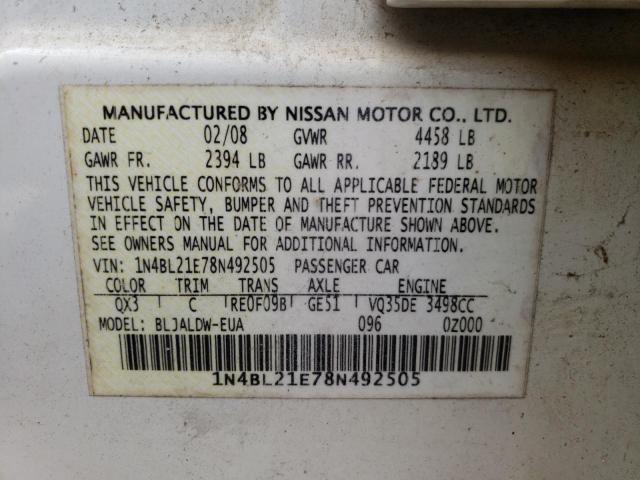 Photo 10 from auction – 2008 NISSAN ALTIMA 3.5 with VIN 1N4BL21E78N492505
