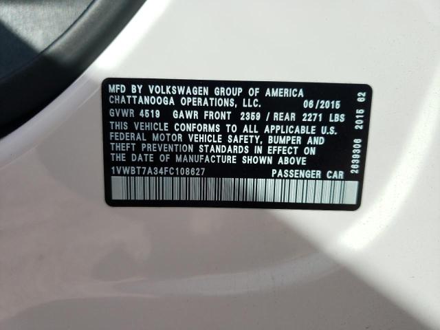 Photo 10 from auction – 2015 VOLKSWAGEN PASSAT SE with VIN 1VWBT7A34FC108627