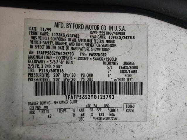 Photo 10 from auction – 2000 FORD TAURUS SE with VIN 1FAFP58S2YG125793