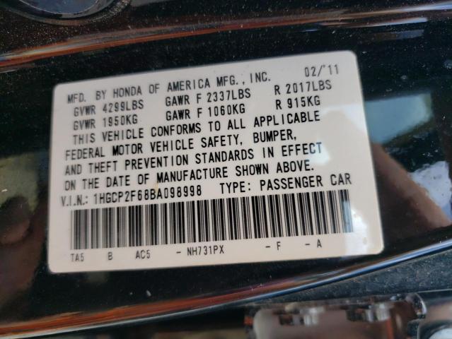 Photo 10 from auction – 2011 HONDA ACCORD SE with VIN 1HGCP2F68BA098998