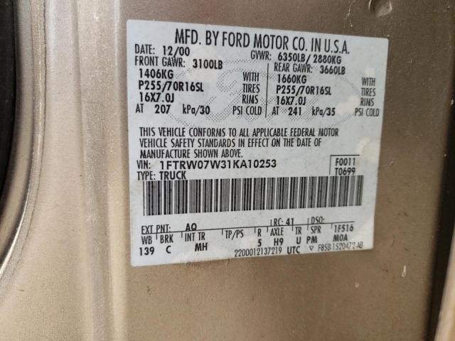 Photo 10 from auction – 2001 FORD F150 SUPER with VIN 1FTRW07W31KA10253
