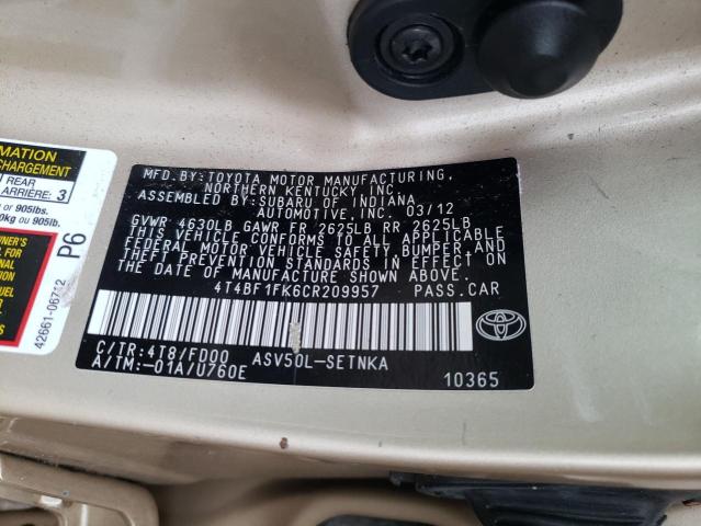 Zdjęcie 10 z aukcji – 2012 TOYOTA CAMRY BASE z VIN 4T4BF1FK6CR209957