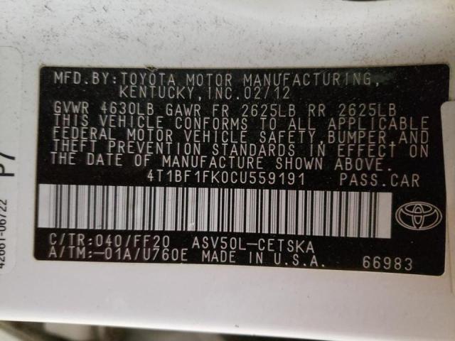 Photo 10 from auction – 2012 TOYOTA CAMRY BASE with VIN 4T1BF1FK0CU559191