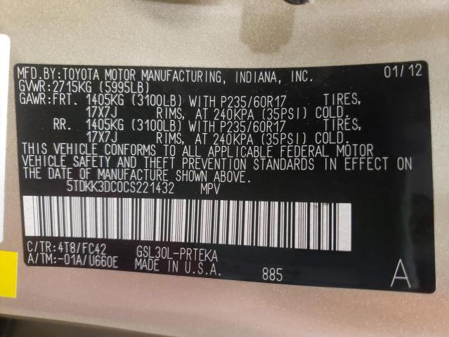 Photo 10 from auction – 2012 TOYOTA SIENNA LE with VIN 5TDKK3DC0CS221432