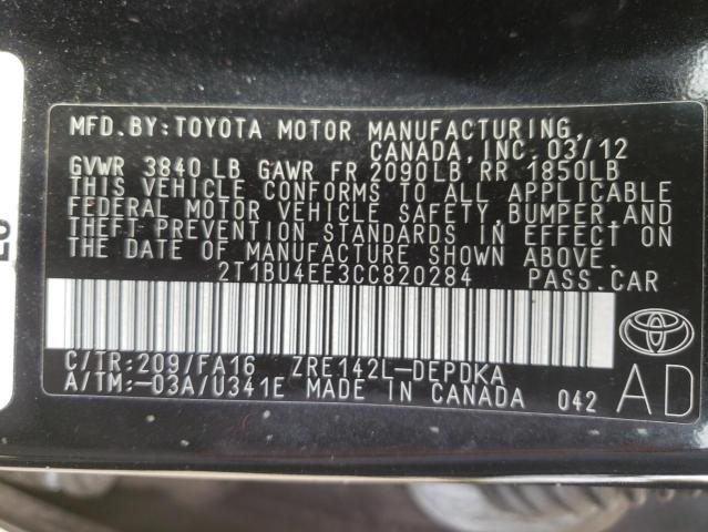 Photo 10 from auction – 2012 TOYOTA COROLLA BA with VIN 2T1BU4EE3CC820284