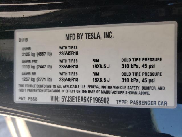 Photo 10 from auction – 2019 TESLA MODEL 3 with VIN 5YJ3E1EA5KF196902