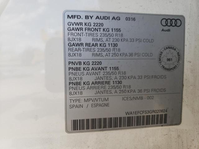 Photo 10 from auction – 2016 AUDI Q3 PREMIUM with VIN WA1EFCFS3GR020824