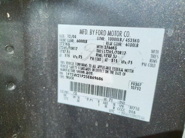Photo 10 from auction – 2005 FORD F250 SUPER with VIN 1FTSW21P25EB69686