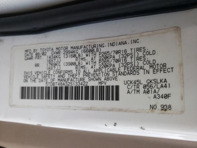 Photo 10 from auction – 2002 TOYOTA SEQUOIA LI with VIN 5TDBT48A32S133422
