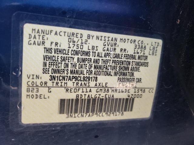 Photo 10 from auction – 2012 NISSAN VERSA S with VIN 3N1CN7AP9CL929178