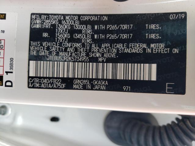 Photo 10 from auction – 2019 TOYOTA 4RUNNER SR with VIN JTEBU5JR2K5734955