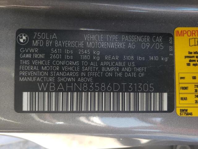Photo 10 from auction – 2006 BMW 750 LI with VIN WBAHN83586DT31305