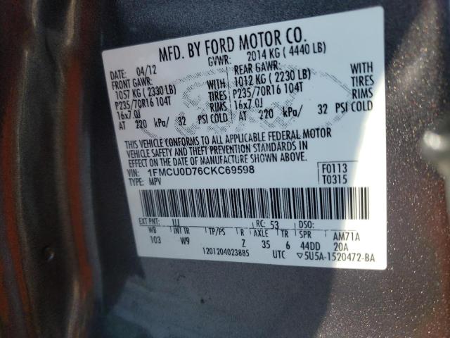 Photo 10 from auction – 2012 FORD ESCAPE XLT with VIN 1FMCU0D76CKC69598