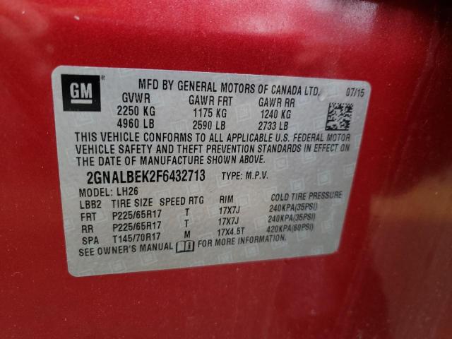 Photo 10 from auction – 2015 CHEVROLET EQUINOX LT with VIN 2GNALBEK2F6432713