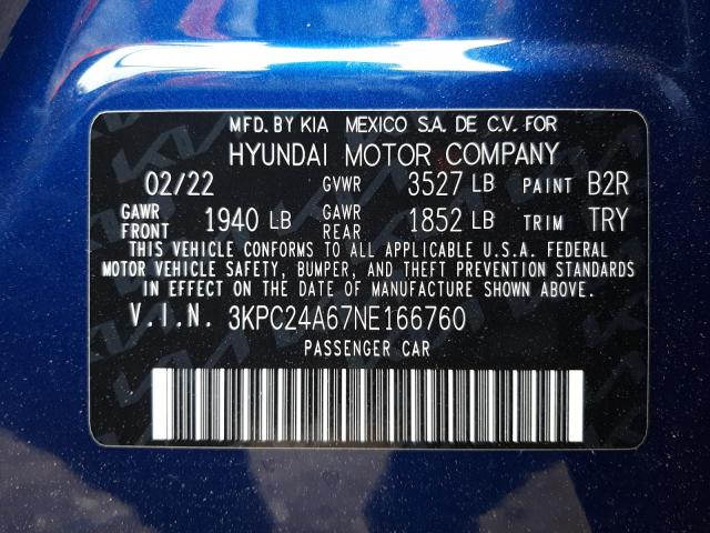 Photo 10 from auction – 2022 HYUNDAI ACCENT with VIN 3KPC24A67NE166760