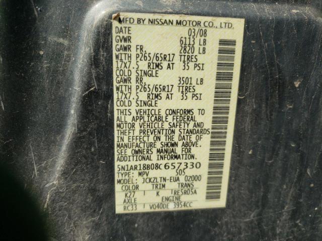 Photo 10 from auction – 2008 NISSAN PATHFINDER with VIN 5N1AR18B08C657330