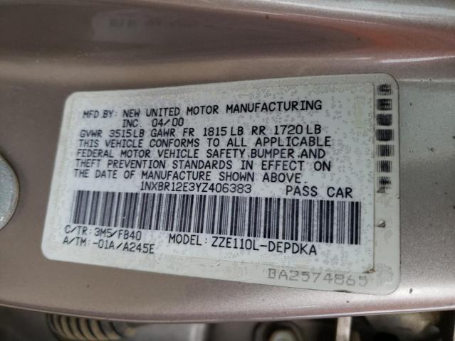 Photo 10 from auction – 2000 TOYOTA COROLLA VE with VIN 1NXBR12E3YZ406383