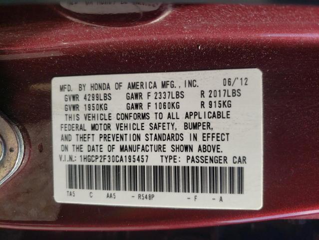Photo 10 from auction – 2012 HONDA ACCORD LX with VIN 1HGCP2F30CA195457