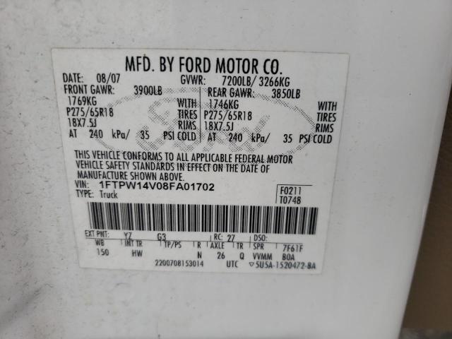 Photo 10 from auction – 2008 FORD F150 SUPER with VIN 1FTPW14V08FA01702