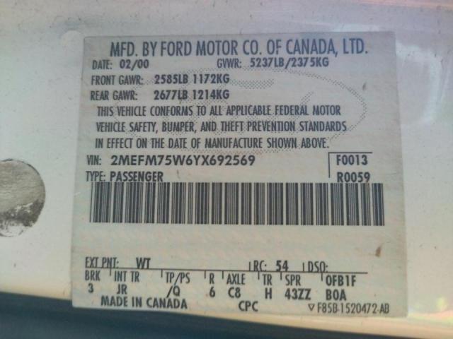 Photo 10 from auction – 2000 MERCURY GRAND MARQ with VIN 2MEFM75W6YX692569