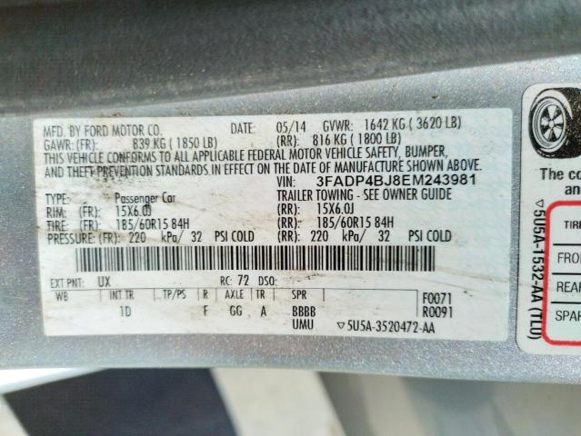 Photo 10 from auction – 2014 FORD FIESTA SE with VIN 3FADP4BJ8EM243981