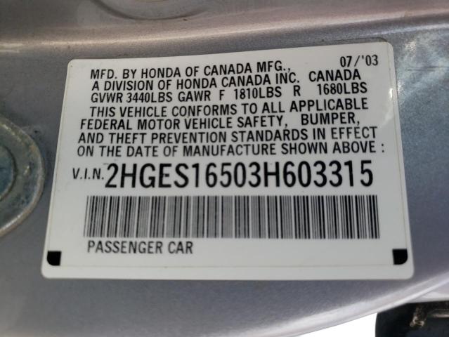 Photo 10 from auction – 2003 HONDA CIVIC LX with VIN 2HGES16503H603315