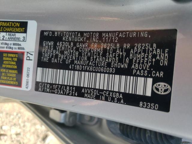Photo 10 from auction – 2012 TOYOTA CAMRY HYBR with VIN 4T1BD1FK6CU060093