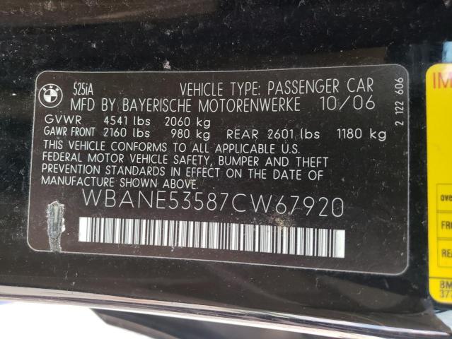 Photo 10 from auction – 2007 BMW 525 I with VIN WBANE53587CW67920