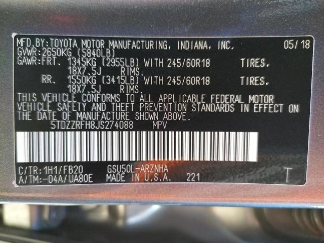 Photo 10 from auction – 2018 TOYOTA HIGHLANDER with VIN 5TDZZRFH8JS274088