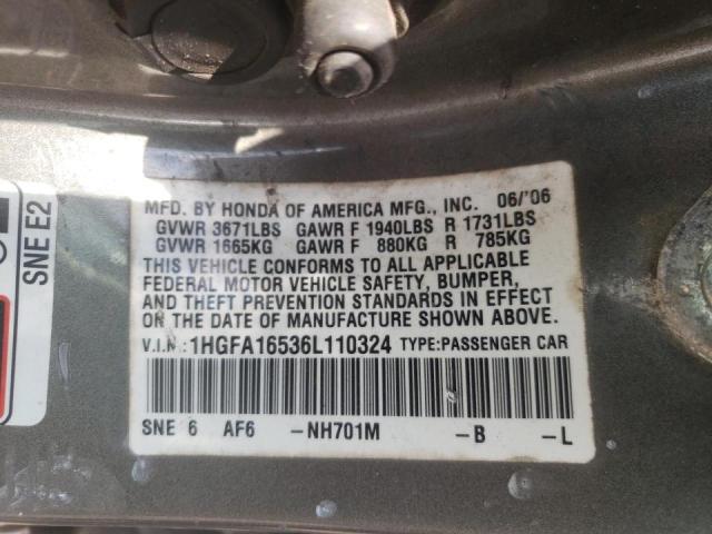 Photo 10 from auction – 2006 HONDA CIVIC with VIN 1HGFA16536L110324