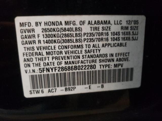 Photo 10 from auction – 2006 HONDA PILOT EX with VIN 5FNYF28686B022280