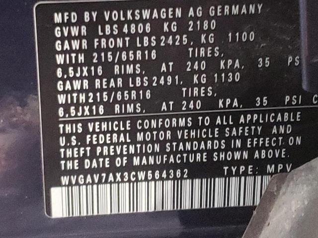 Photo 10 from auction – 2012 VOLKSWAGEN TIGUAN with VIN WVGAV7AX3CW564362