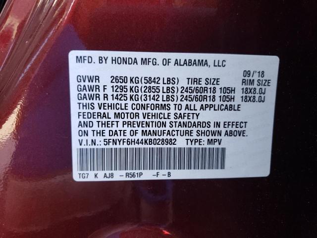 Photo 10 from auction – 2019 HONDA PILOT EXL with VIN 5FNYF6H44KB028982