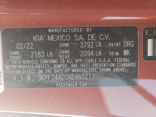 Photo 10 from auction – 2022 KIA FORTE FE with VIN 3KPF24AD5NE460217