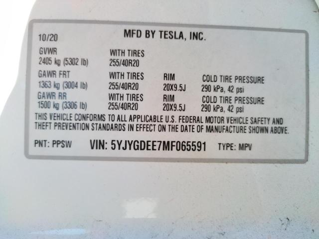 Photo 10 from auction – 2021 TESLA MODEL Y with VIN 5YJYGDEE7MF065591