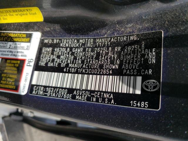 Photo 10 from auction – 2012 TOYOTA CAMRY BASE with VIN 4T1BF1FK3CU022654