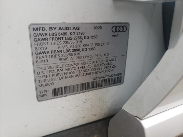 Photo 10 from auction – 2021 AUDI Q5 PREMIUM with VIN WA1AAAFY5M2008507