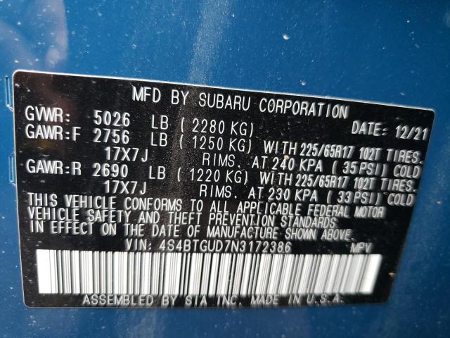 Photo 10 from auction – 2022 SUBARU OUTBACK WI with VIN 4S4BTGUD7N3172386
