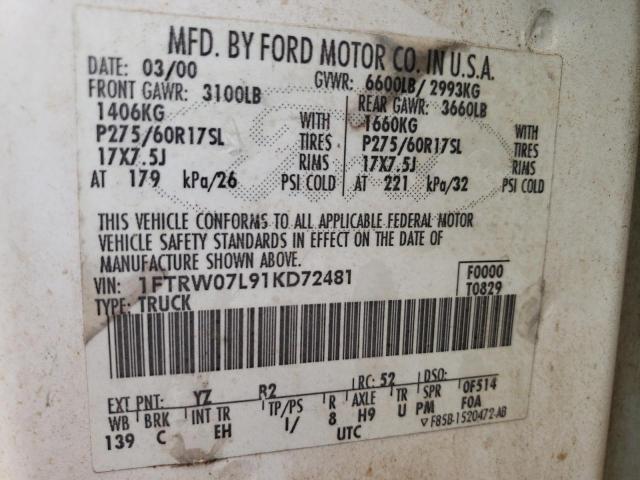 Photo 10 from auction – 2001 FORD F150 SUPER with VIN 1FTRW07L91KD72481