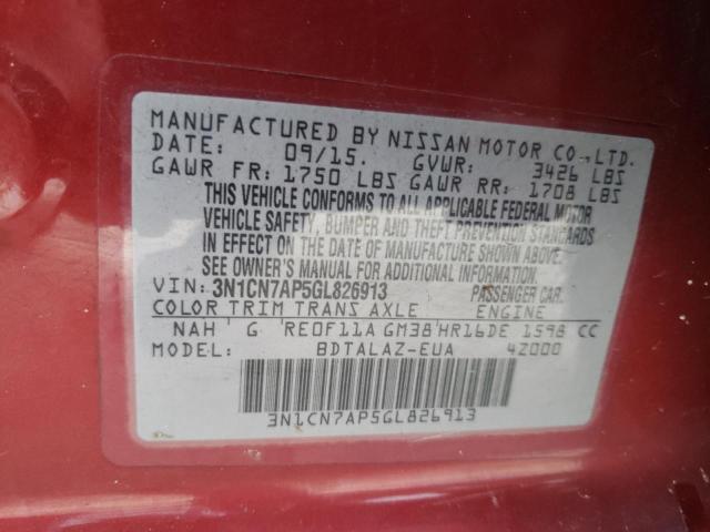 Photo 10 from auction – 2016 NISSAN VERSA S with VIN 3N1CN7AP5GL826913