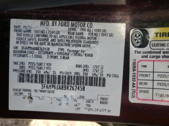Photo 10 from auction – 2011 FORD FUSION SEL with VIN 3FAHP0JA8BR262458