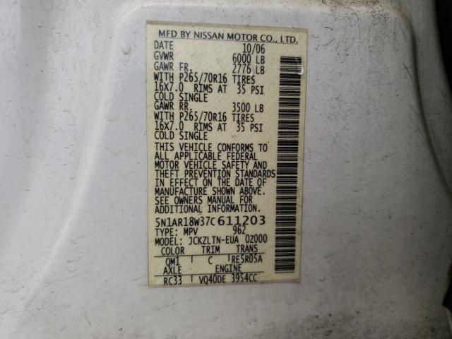 Photo 10 from auction – 2007 NISSAN PATHFINDER with VIN 5N1AR18W37C611203