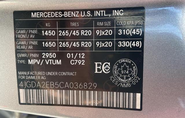 Photo 10 from auction – 2012 MERCEDES-BENZ ML 350 BLU with VIN 4JGDA2EB5CA036829