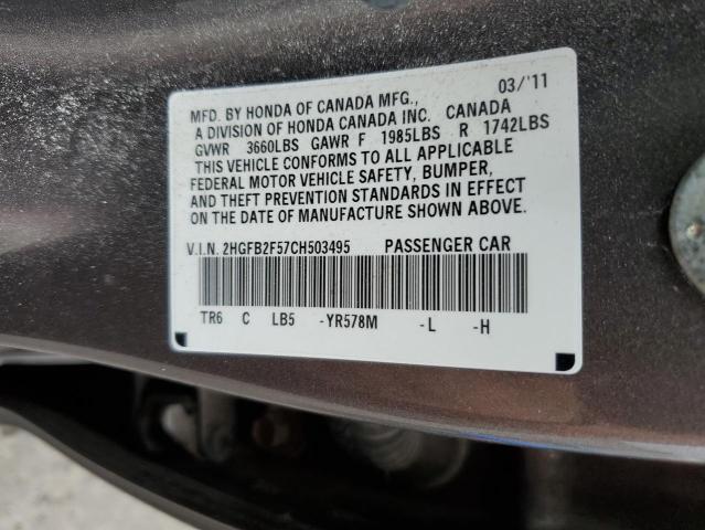 Photo 10 from auction – 2012 HONDA CIVIC LX with VIN 2HGFB2F57CH503495