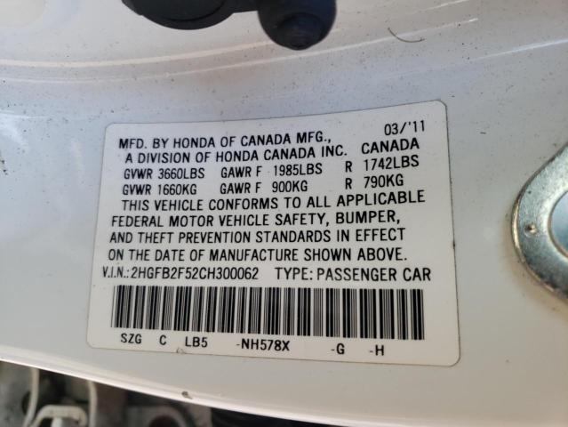 Photo 10 from auction – 2012 HONDA CIVIC with VIN 2HGFB2F52CH300062