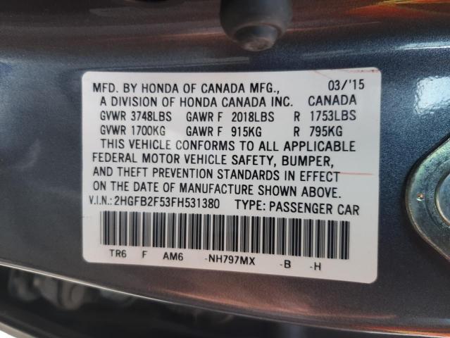 Photo 10 from auction – 2015 HONDA CIVIC LX with VIN 2HGFB2F53FH531380
