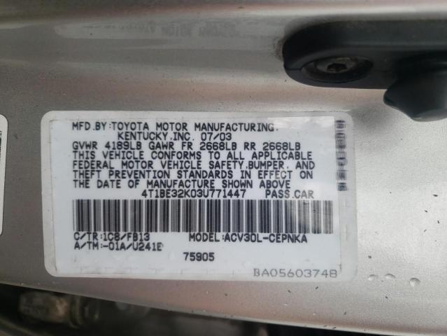 Photo 10 from auction – 2003 TOYOTA CAMRY LE with VIN 4T1BE32K03U771447
